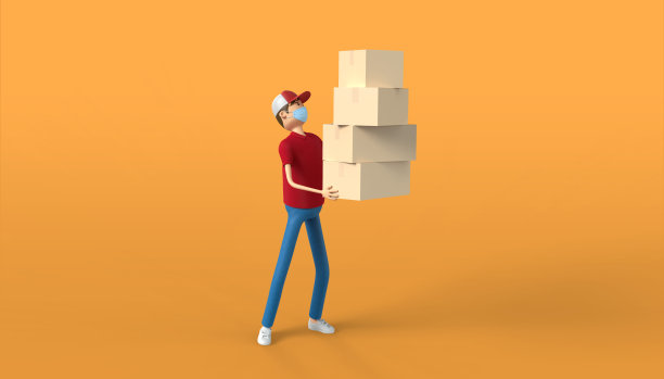 快递员与包裹盒子和医疗口罩的3D插图。红色制服快递员送快递。冠状病毒大流行检疫期间的航运服务图片下载
