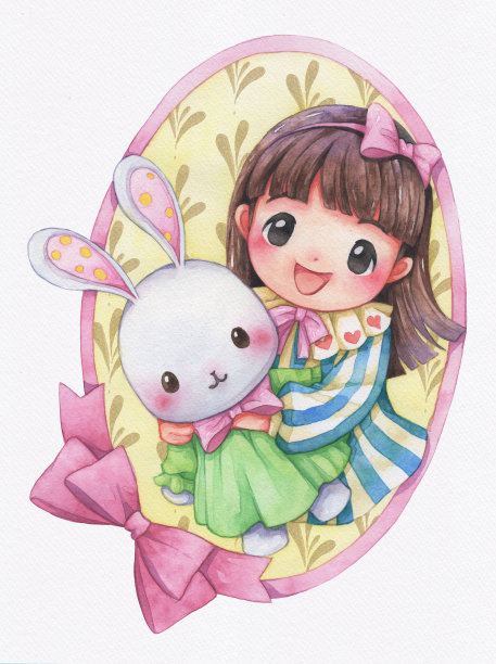 女孩拥抱兔子水彩画图片下载