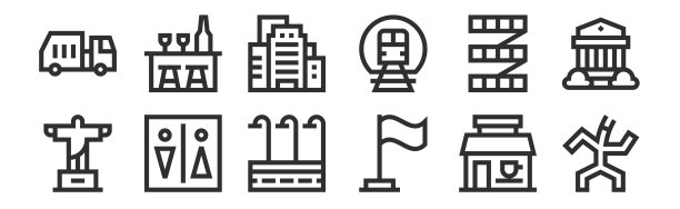 12个细线条图标，如木偶、旗帜、卫生间、楼梯、建筑物、酒吧，适用于网页和移动设备图片下载