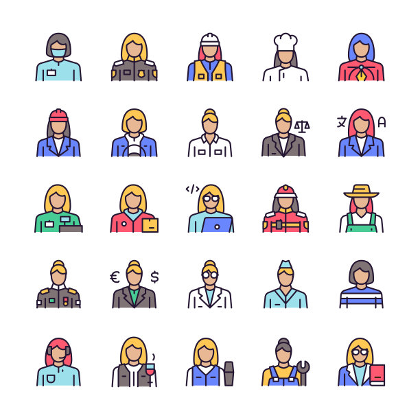 向量颜色线性图标工人妇女对象集图片下载