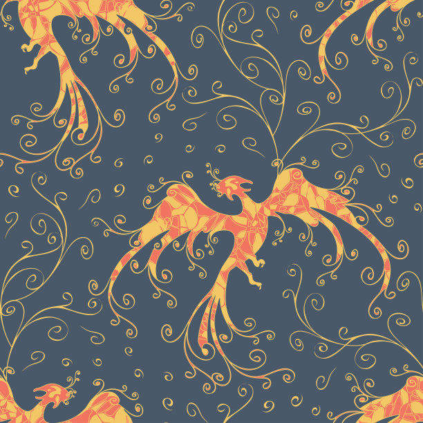 无缝矢量模式与火鸟在蓝色背景。美丽的凤凰墙纸设计。神秘的时尚面料。图片下载