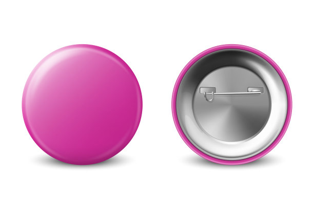 矢量3d现实粉色金属塑料空白按钮徽章图标设置隔离在白色背景。正面和背面侧视图。为品牌标识，标志，演示文稿的模板。模型图片下载