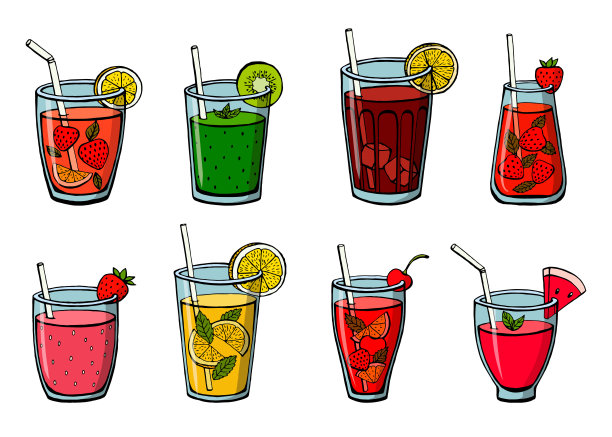 设置不含酒精的夏季饮料孤立在白色背景。经典草莓柠檬水，冰茶，莫吉托，新鲜西瓜，猕猴桃和草莓冰沙。菜单矢量图像在草图风格。图片下载