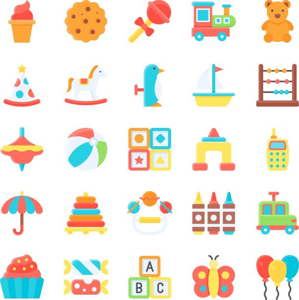 婴儿玩具相关，彩色铅笔，雨伞，积木，足球，吉普车，移动，摇木马，立方体，旋转陀螺，船，帽子，蝴蝶，金字塔，手玩具，糖果矢量的平面风格，图片下载