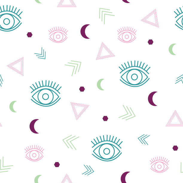 无缝重复图案与眼睛和几何元素。明亮的颜色，非常适合纺织品，墙纸和室内设计。图片下载