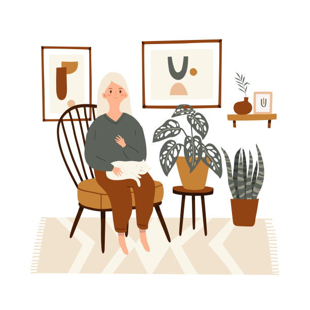 年轻女子坐在舒适的扶手椅上，与家的植物和猫图片下载