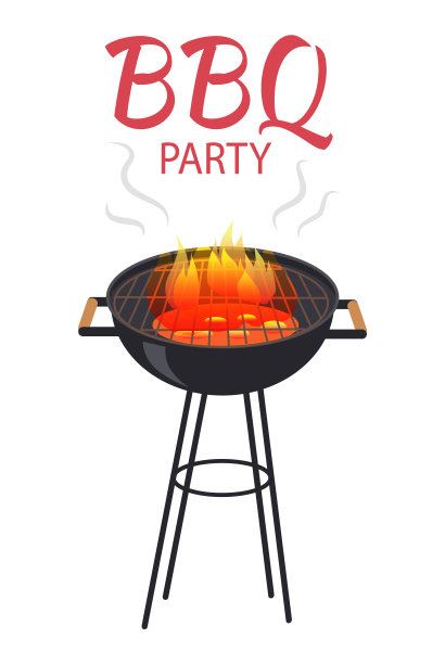 烧烤派对食物和火海报矢量插图图片下载