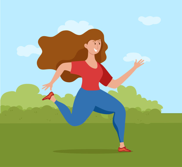 跑步女孩矢量插图在可爱的彩色卡通平面风格。图片下载