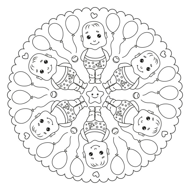 涂色页曼荼罗与婴儿学步。图片下载