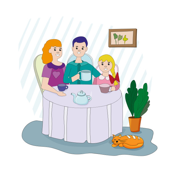 一个三口之家——爸爸、妈妈和女儿，在一个舒适的房间里围坐在圆桌旁喝茶。旁边是一只红色的猫。家庭和爱心理念，共同开展活动。矢量图图片下载