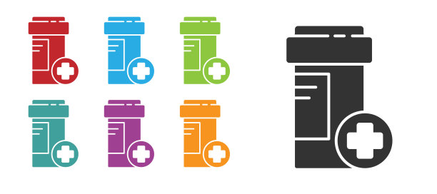 黑色药瓶图标孤立在白色背景上。瓶药丸的迹象。药店的设计。设置图标丰富多彩。矢量图图片下载