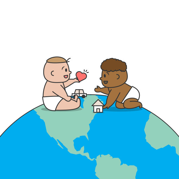 白色和黑色的婴儿与天真和爱一起玩在全球插图卡通矢量设计在白色的背景。种族主义的概念。图片下载