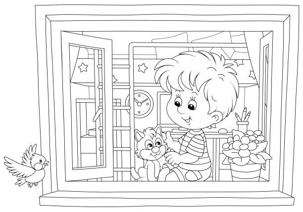 小男孩和一只小猫在窗户边玩图片下载