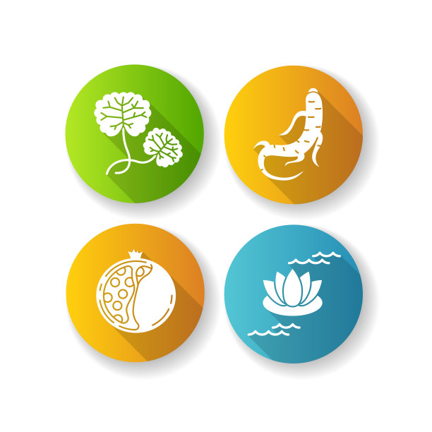 化妆品成分平面设计长阴影字形图标集。积雪草的植物。人参根。胶原蛋白的公式。莲花。护肤品的治疗。滋养的效果。剪影RGB彩色插图图片下载