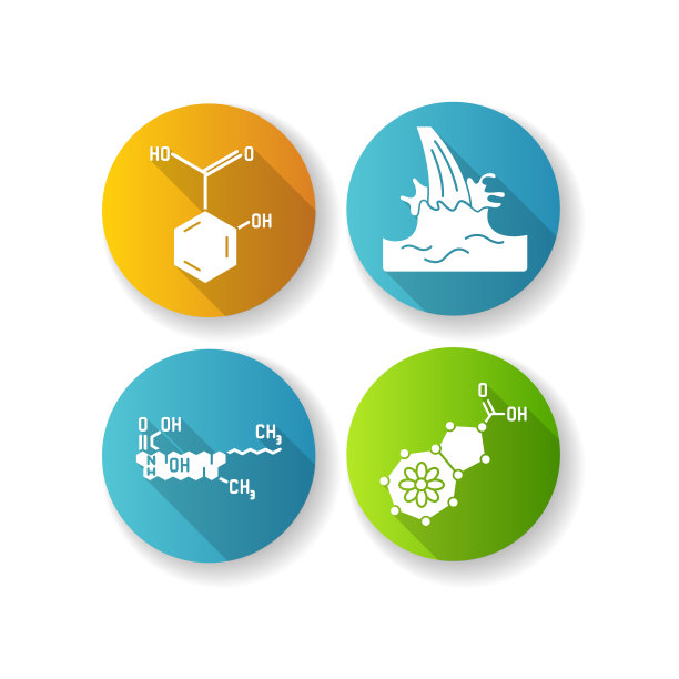 化妆品成分平面设计长阴影字形图标集。水杨酸。蛋清。天然保湿因子公式。甘菊蓝分子结构。美丽的化合物。剪影RGB彩色插图图片下载