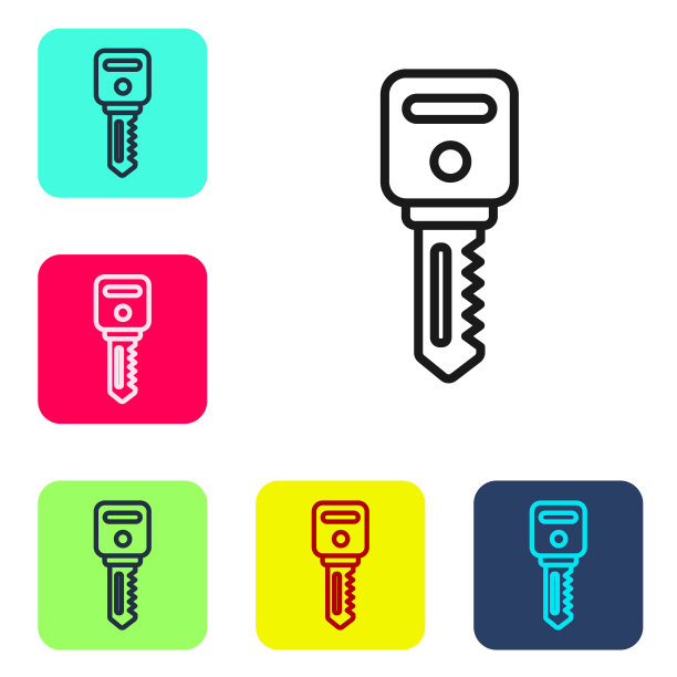 黑线屋关键图标孤立在白色背景。设置图标的颜色方形按钮。矢量图图片下载