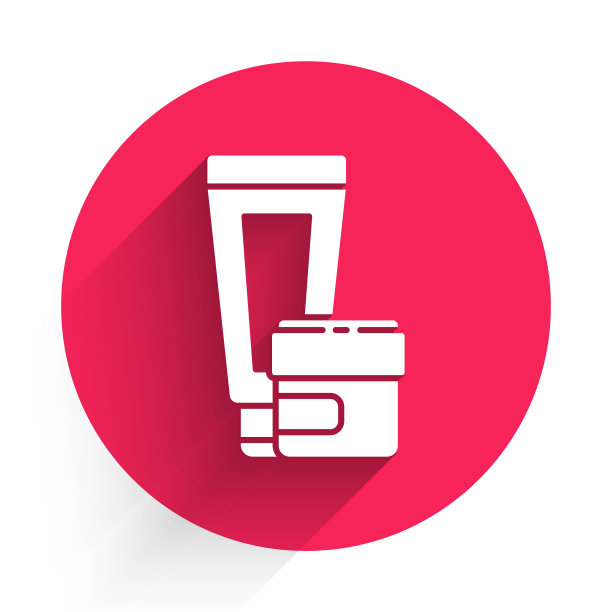 白色乳霜或乳液化妆品管图标孤立与长阴影。男士身体护理产品。红色圆圈按钮。矢量图图片下载