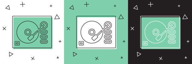 设置乙烯基播放器与乙烯基磁盘图标隔离在白色和绿色，黑色背景。矢量图图片下载