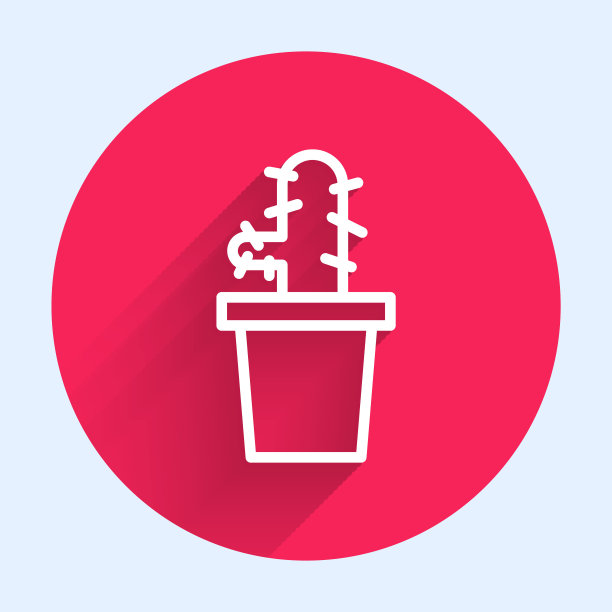 白线仙人掌仙人掌在盆图标孤立与长影子。盆栽植物。盆栽植物标志。红色圆圈按钮。矢量图图片下载