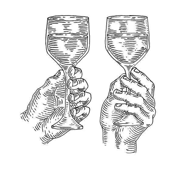 手握酒杯的男人。复古矢量黑色插图图片下载