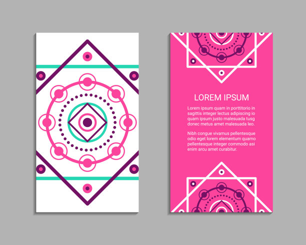 复古风格传单集的灵感来自神圣的几何学。带有骶骨几何符号的垂直空白。线条艺术丰富多彩的宣传册图案。装饰星形设计传单。图片下载