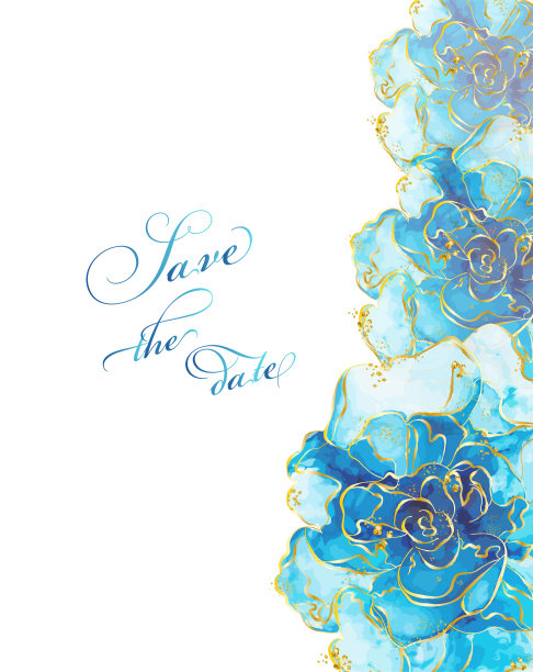 创意设计，以蓝色玫瑰花和金色叶子为背景。婚礼请柬，酒精墨水。图片下载