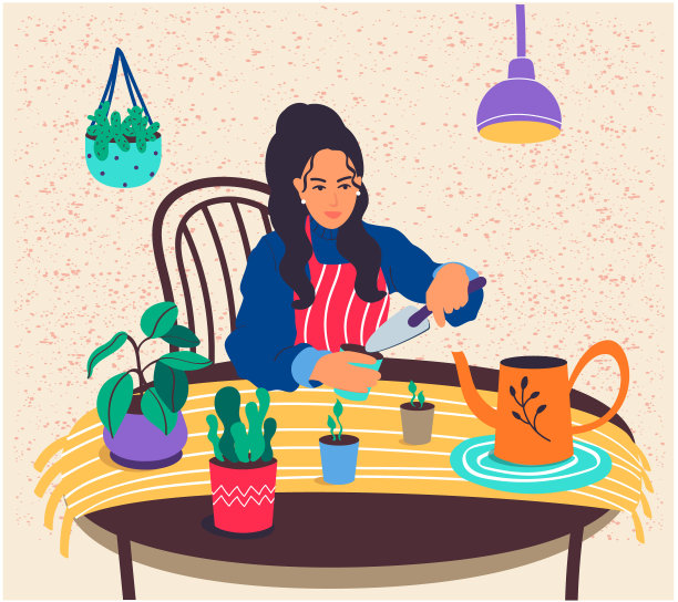 一个快乐的女孩在照料盆栽植物。一位年轻女子在家里种植室内植物。女主人公喜欢她的家庭园艺爱好。一个女园丁种花和照顾植物图片下载