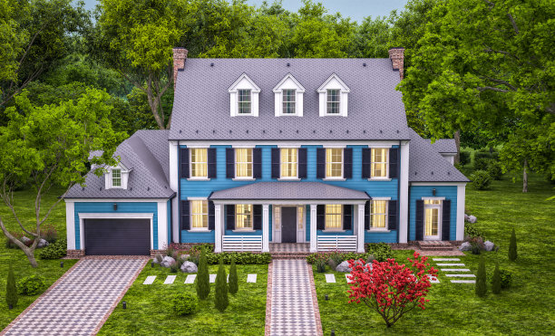 殖民风格的现代古典住宅的3d渲染图片下载