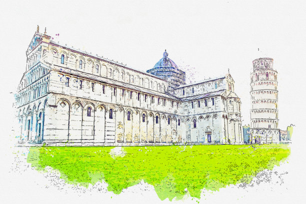 意大利比萨大教堂水彩画。图片下载