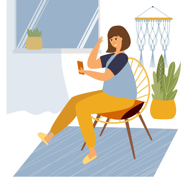 插图一个小女孩正坐在一把柳条椅上，通过视频连线讲电话图片下载