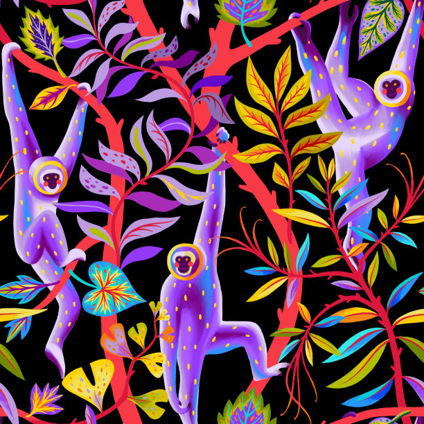 明亮的热带无缝图案与动物。猴子挂在树上，异国情调的装饰背景。丛林中的野生动物。图片下载