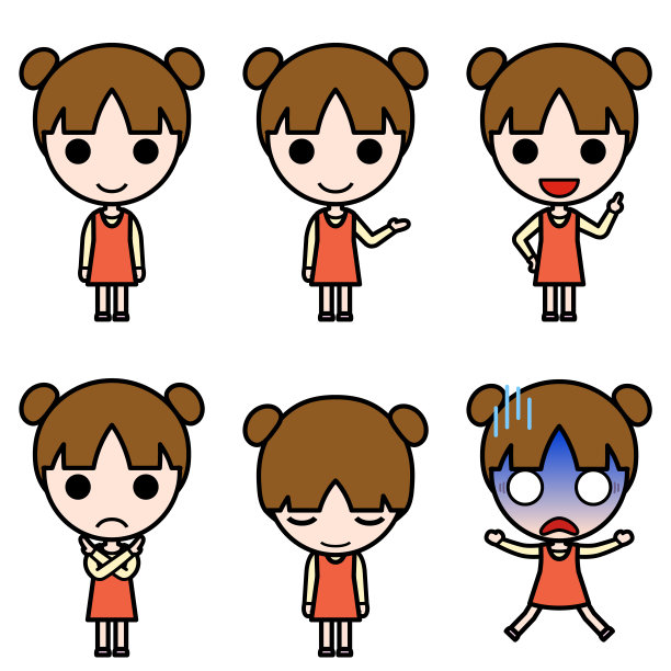 图标风格的角色-各种姿势的小女孩与发髻图片下载