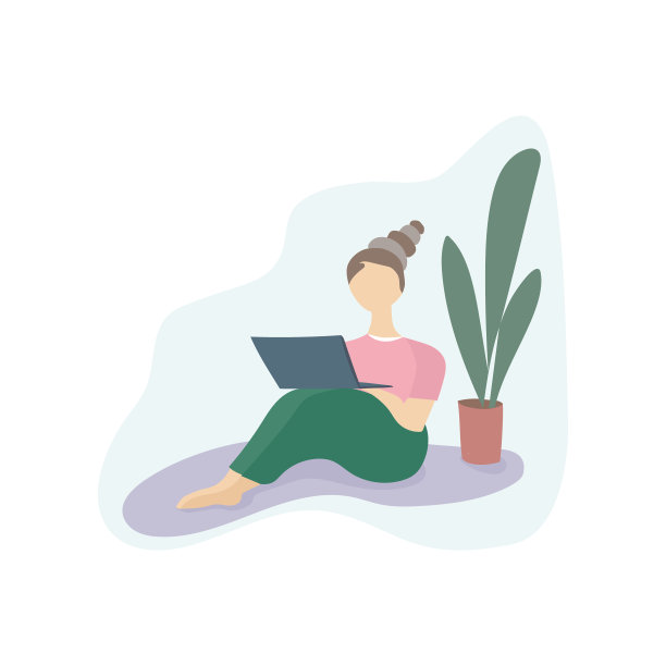 年轻的女孩自由职业者在家工作在一个舒适的房间。坐在地板上，膝盖上放着笔记本电脑。矢量图图片下载