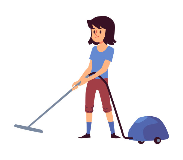 卡通儿童使用真空吸尘器隔离在白色背景图片下载