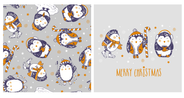 企鹅迎来了新年。模式和明信片图片下载