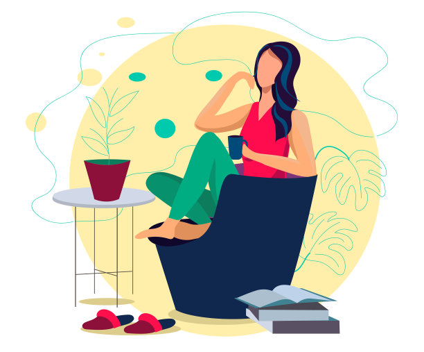 年轻女子坐在时髦的椅子上，悠闲地坐在客厅里喝着咖啡或茶。矢量插图卡通人物图片下载