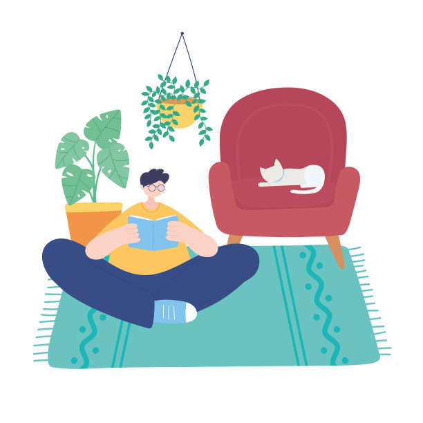 呆在家里，男孩在地板上看书，房间里有猫，自我隔离，活动中隔离冠状病毒图片下载