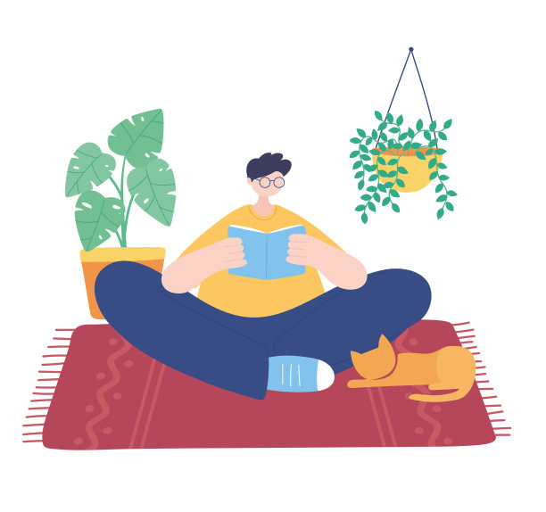 呆在家里，男孩和猫在地毯上看书，自我隔离，活动在隔离冠状病毒图片下载