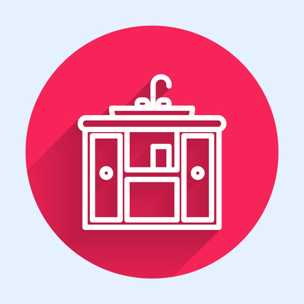 白色线面盆柜与水龙头图标隔离与长阴影。红色圆圈按钮。矢量图图片下载