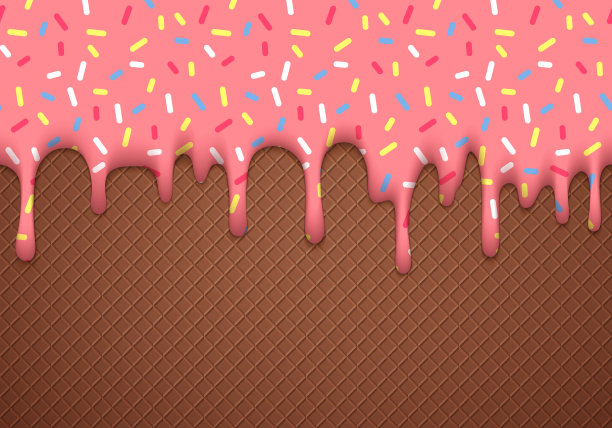 冰淇淋蛋筒矢量插图与滴粉釉和巧克力威化纹理。摘要食品背景图片下载