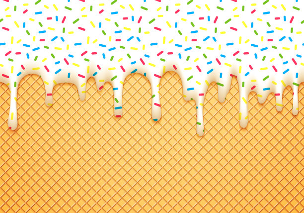 冰激淋蛋筒插图与滴白釉和威化纹理。摘要食品背景。无缝模式。图片下载