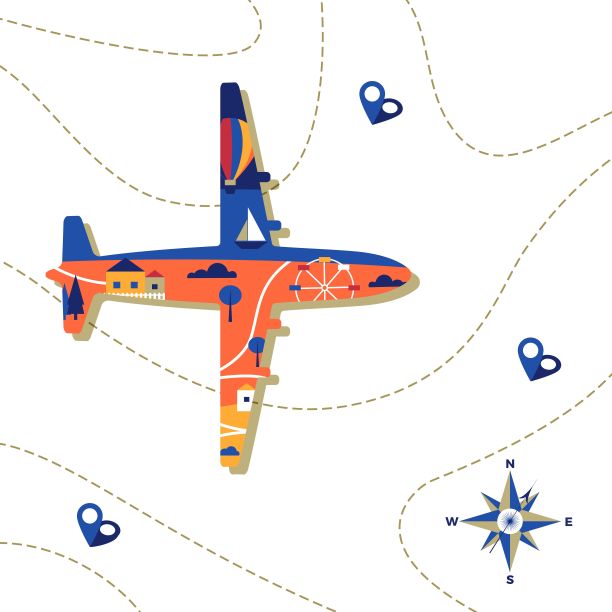 在地图上飞行的飞机形状的城市。向量的旅行概念。旅行插图。旅游的背景图片下载