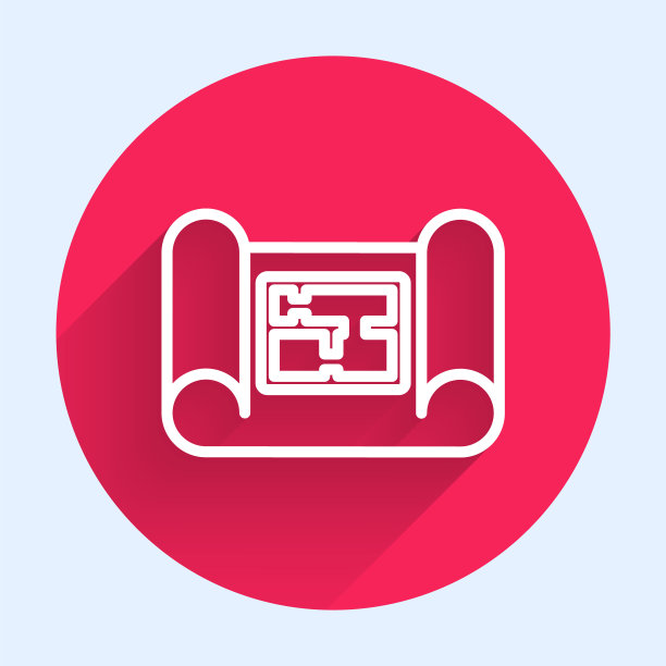 白线白宫计划图标孤立与长影子。红色圆圈按钮。矢量图图片下载