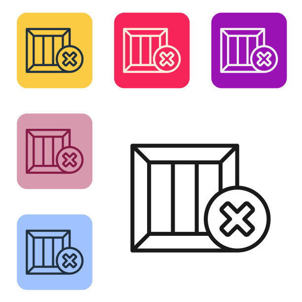 黑线木框和删除图标隔离在白色背景。盒子，包裹，包裹标志。交付和包装。设置图标的颜色方形按钮。矢量图图片下载