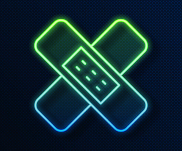 发光的霓虹线交叉绷带石膏图标隔离在蓝色背景。医用石膏、胶粘绷带、弹性织物绷带。矢量图图片下载