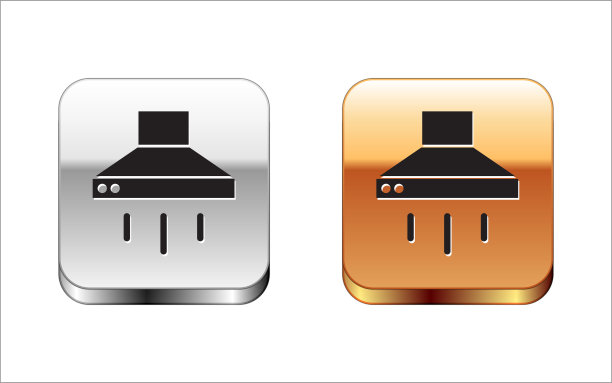 黑色厨房提取风扇图标隔离在白色背景。炊具罩。厨房排气。家用电器。金银平方按钮。向量图片下载