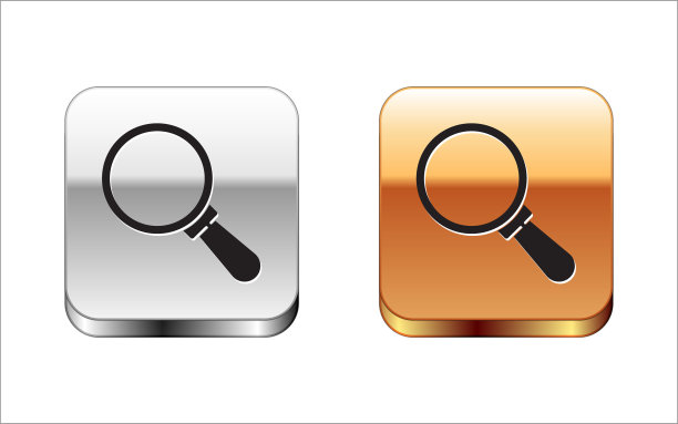 黑色放大镜图标孤立在白色背景。搜索，聚焦，缩放，商业符号。金银平方按钮。向量图片下载