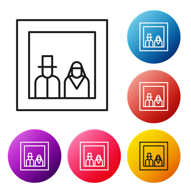 黑线家庭照片图标孤立在白色背景。设置彩色圆形按钮图标。向量图片下载