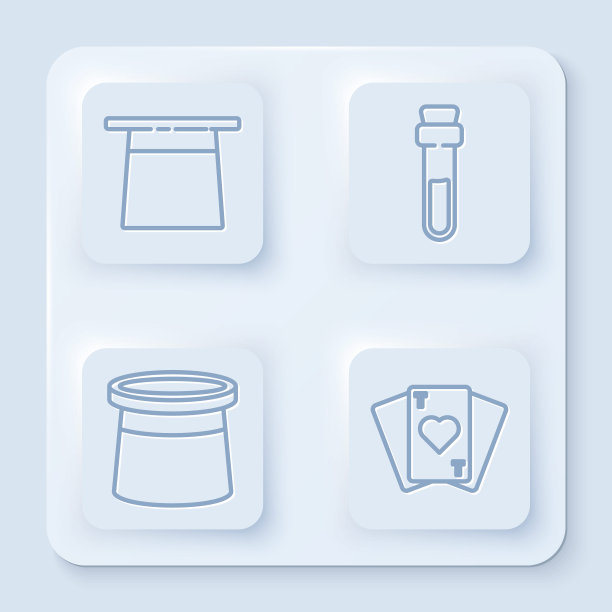 设置线魔术师帽子，瓶子与爱情药水，魔术师帽子和扑克牌。白色正方形按钮。向量图片下载