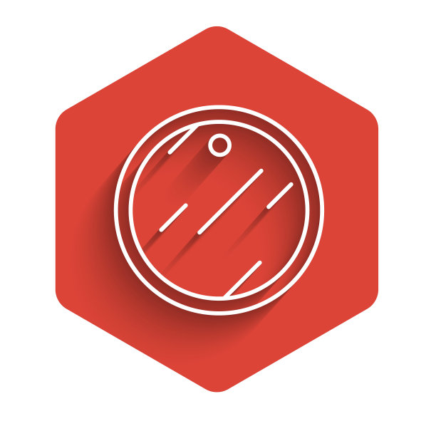 切割板图标与长阴影隔离。切菜板的象征。红色的六角按钮。向量图片下载